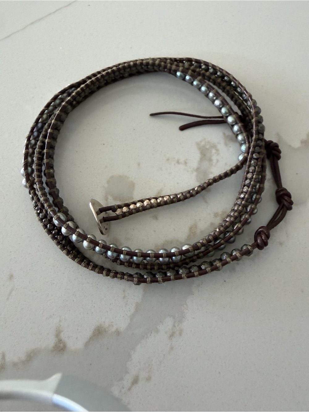 Chan Luu Brown Braided Leather Wrap with Blue Grey FWP & Faceted Pyrite 35” - Picture 13 of 13